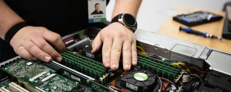 Engineer's hands at work on fiber and patch infrastructure inside a tym2 cabinet